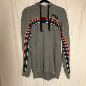 PINK gray hoodie with colorful stripe.
